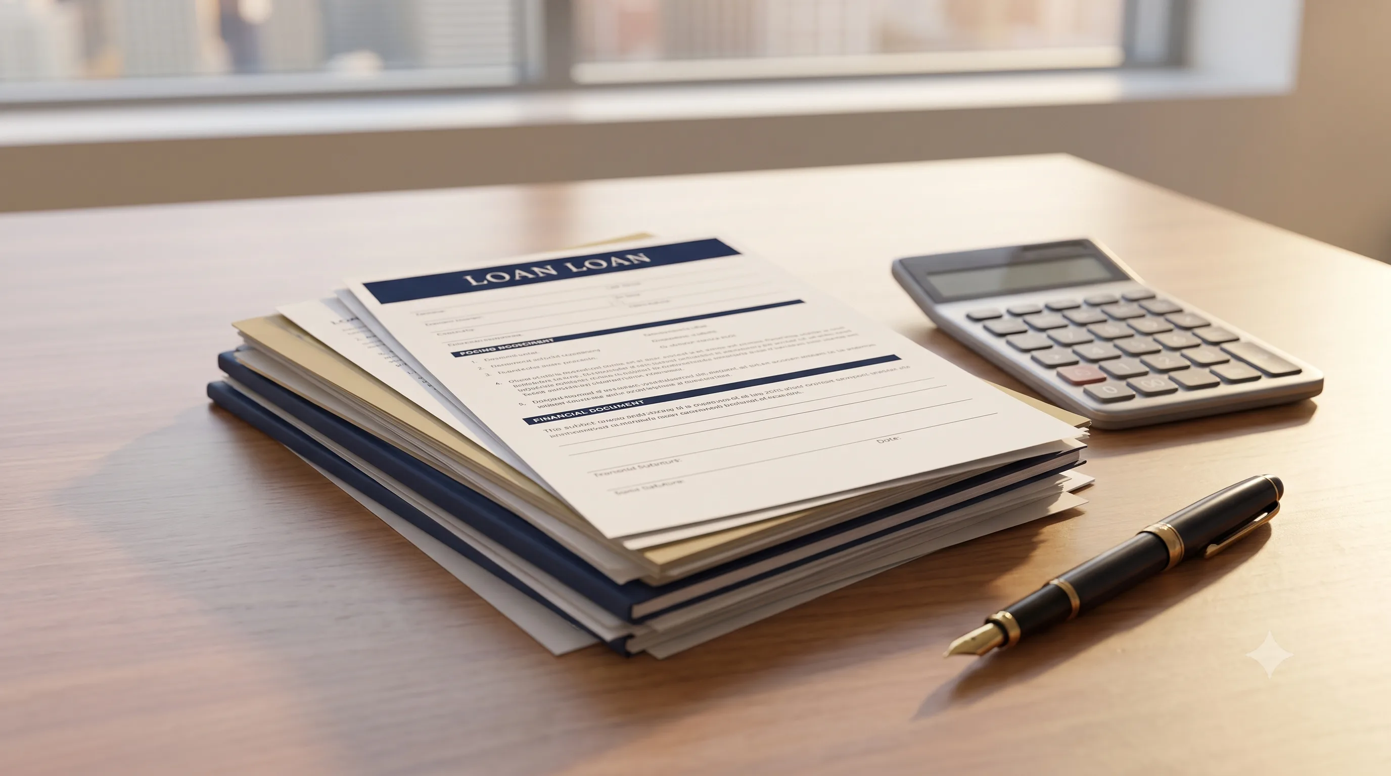 Stack of loan documents beside a calculator and pen
