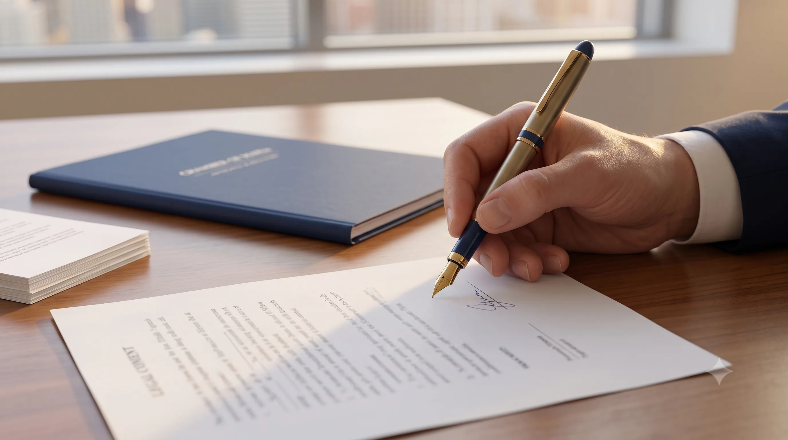 A hand signing a legal document with a fountain pen at a wooden desk