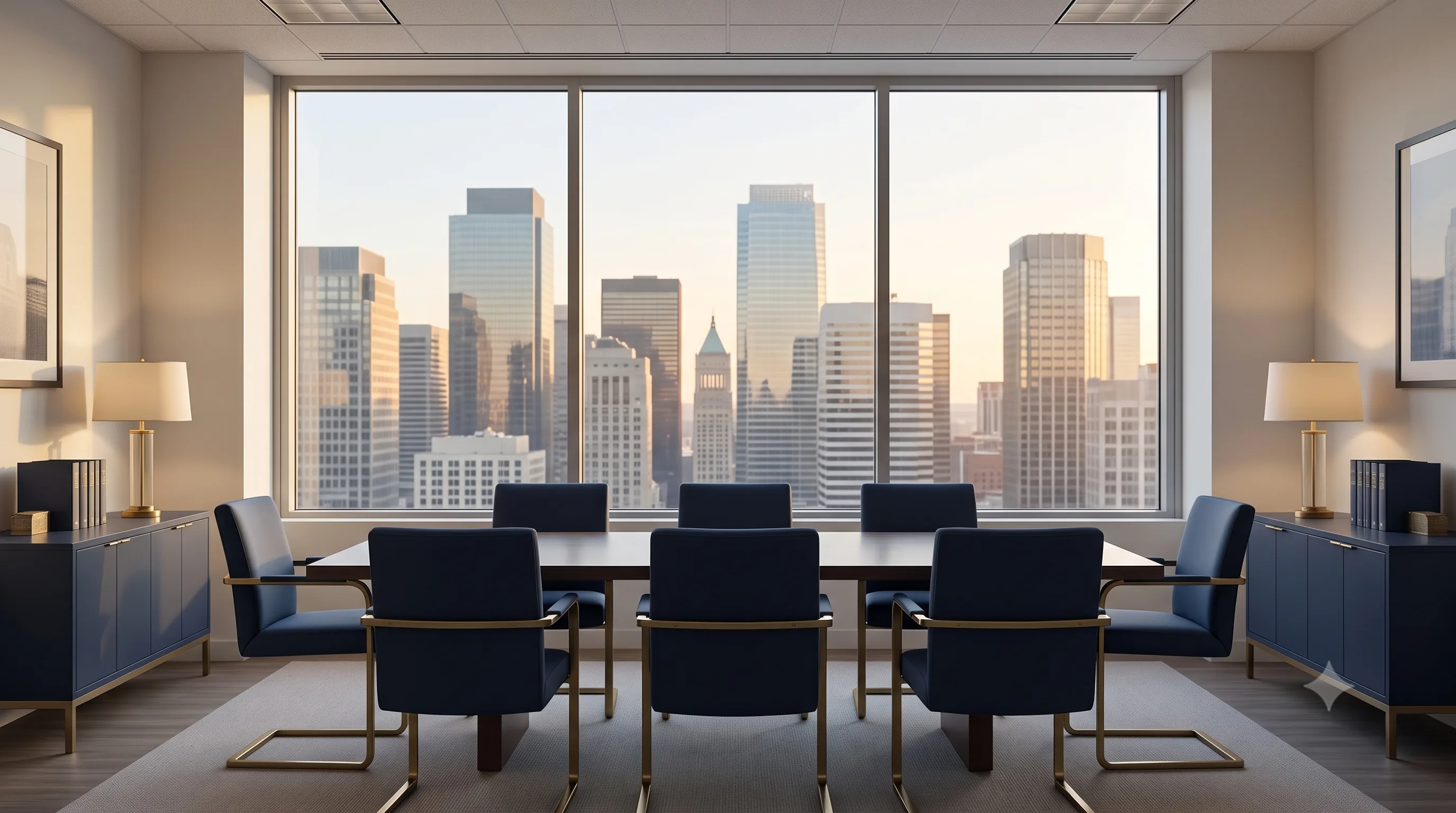 An empty law office meeting room with a city skyline view