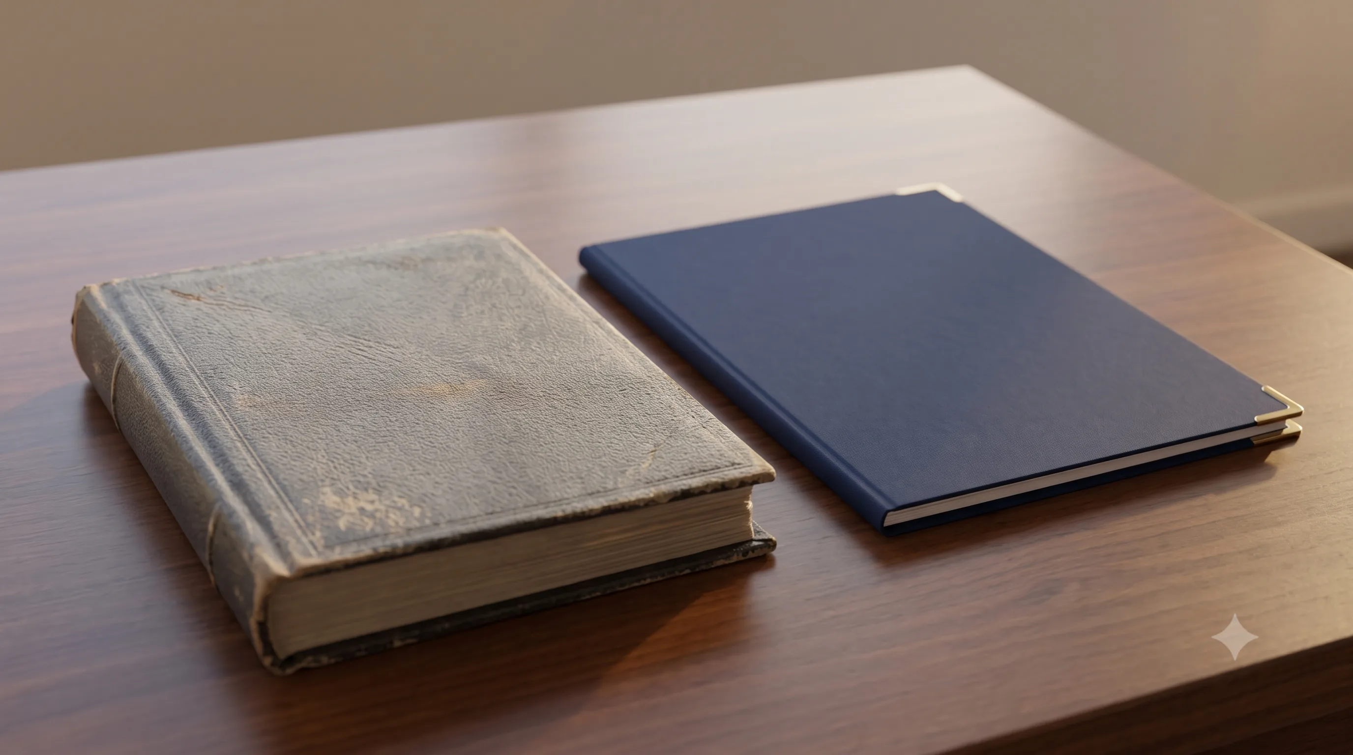 A keepsake photo album beside a formal document folder on a desk
