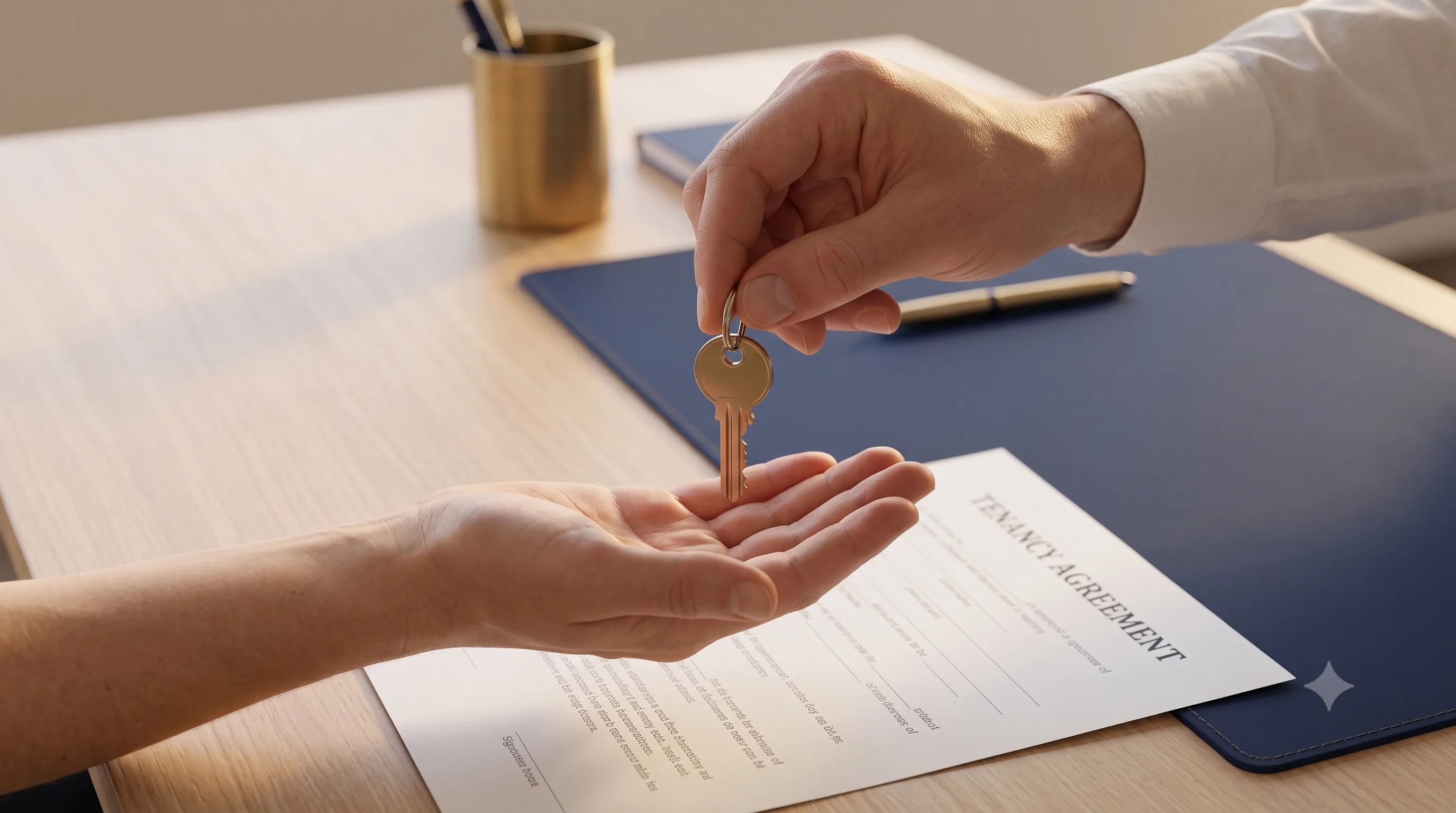 A house key being handed over across a desk, tenancy agreement beneath